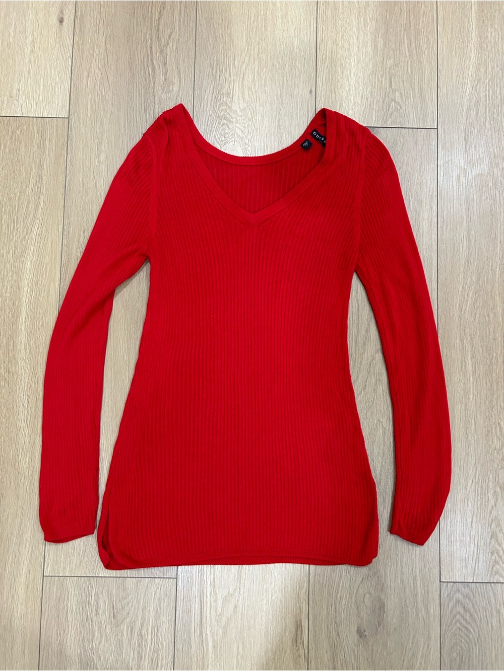 Guess Red V-Neck Ribbed Sweater